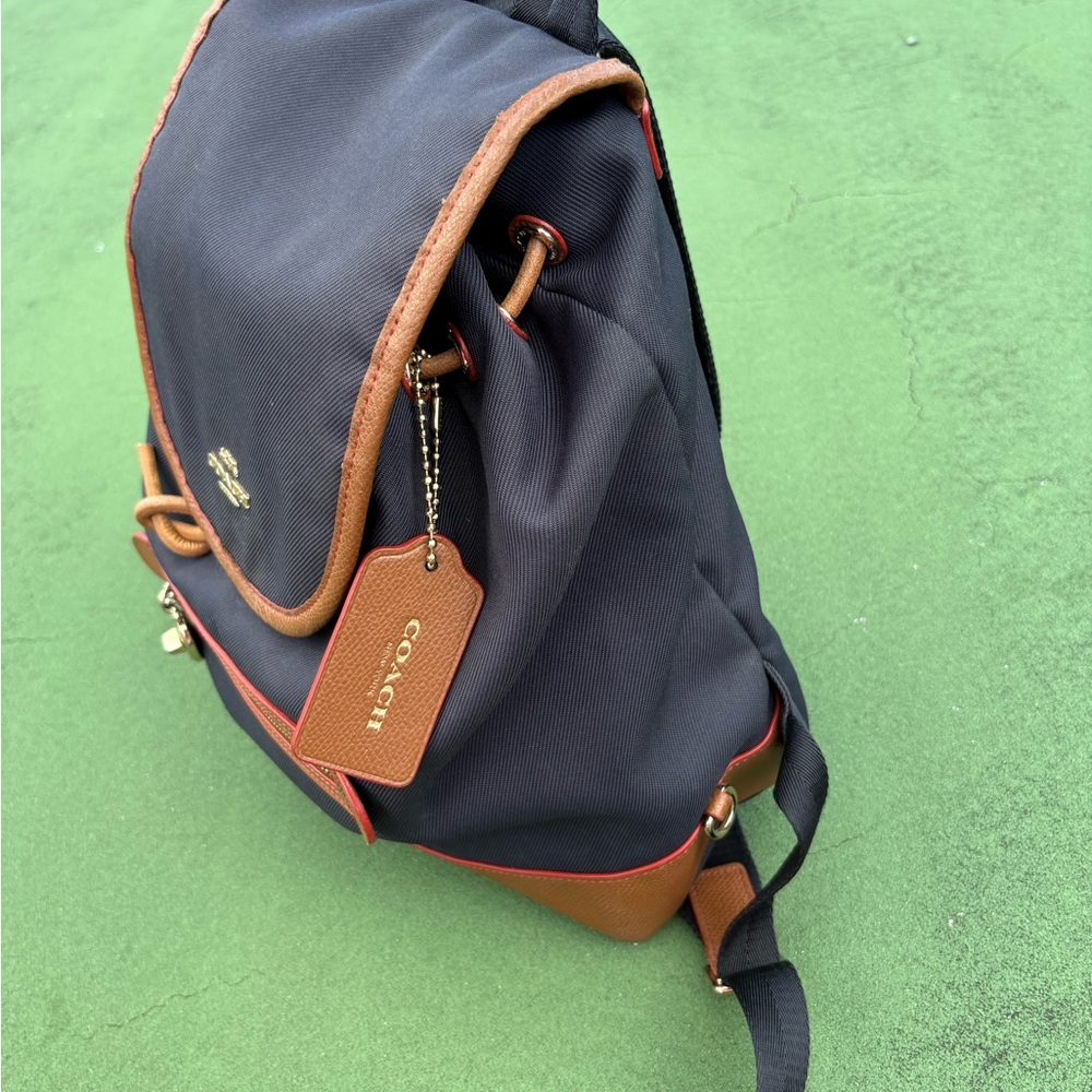 Coach Navy and Tan Sawyer Canvass/ Leather Medium Backpack with Gold Hardware - Picture 3 of 8